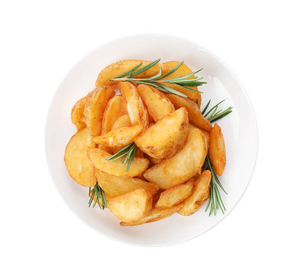 Plate with baked potatoes and rosemary on white background, top view