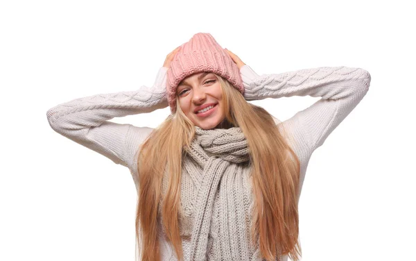 Portrait Emotional Young Woman Stylish Hat Sweater Mittens Color Background — Stock Photo, Image