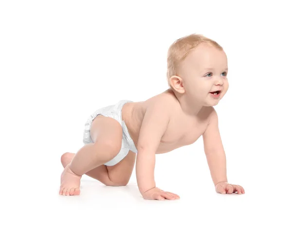 Bonito Pouco Bebê Rastejando Branco Fundo — Fotografia de Stock