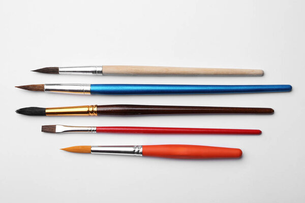 Different paint brushes on white background, top view
