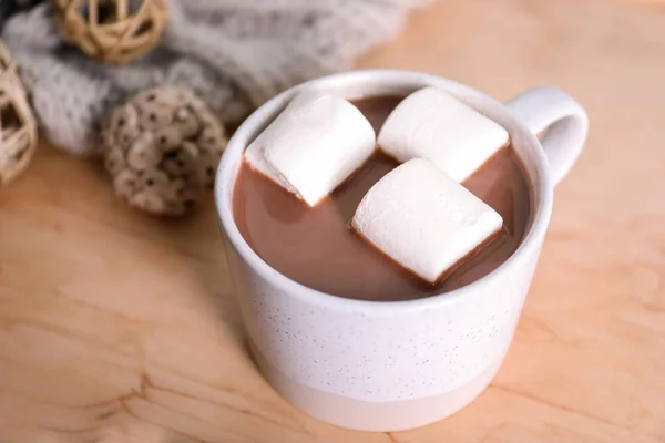 Cup Aromatic Cacao Marshmallows Wooden Table Closeup — Stock Photo, Image