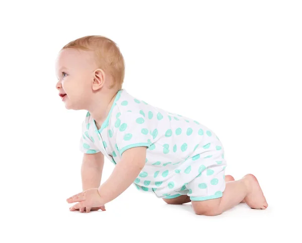 Cute Little Baby Crawling White Background Stock Picture