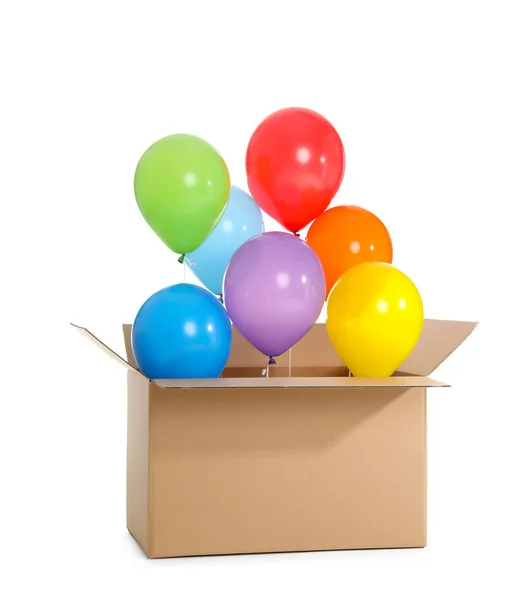 Gift Box Bright Air Balloons White Background — Stock Photo, Image