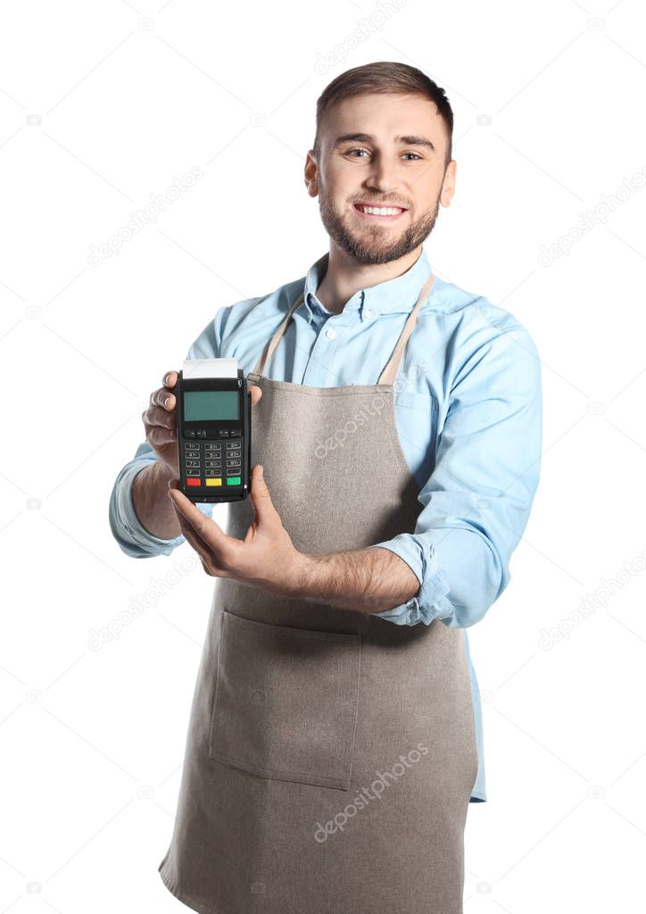 Young seller holding payment terminal isolated on white