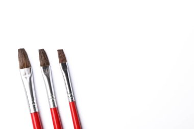 Beyaz arka plan üzerinde üst görünümden farklı boya fırçaları. Metin için yer