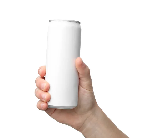 Mann Hält Aluminiumdose Mit Getränk Auf Weißem Hintergrund Nahaufnahme Raum — Stockfoto