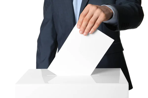 Man Putting His Vote Ballot Box White Background Closeup — Stock Photo, Image