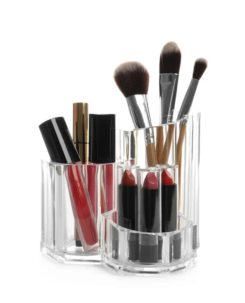 Pemegang Lipstik Dengan Produk Makeup Yang Berbeda Pada Latar Belakang — Stok Foto