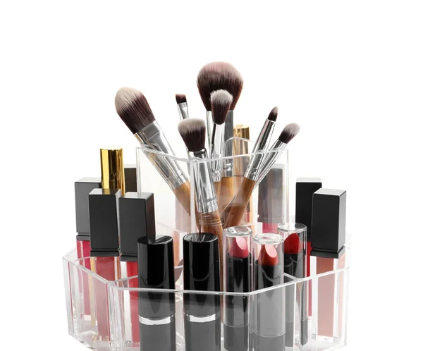 Läppstift Hållare Med Olika Makeup Produkter Vit Bakgrund Närbild — Stockfoto
