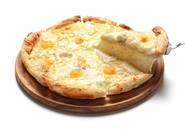 Při Kus Horký Sýr Pizza Margherita Desky Bílém Pozadí — Stock fotografie