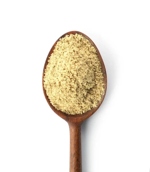 トップ ビューで分離されたカボチャの種小麦粉のスプーン — ストック写真