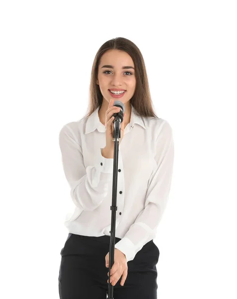 Young Stylish Woman Microphone White Background — Stock Photo, Image