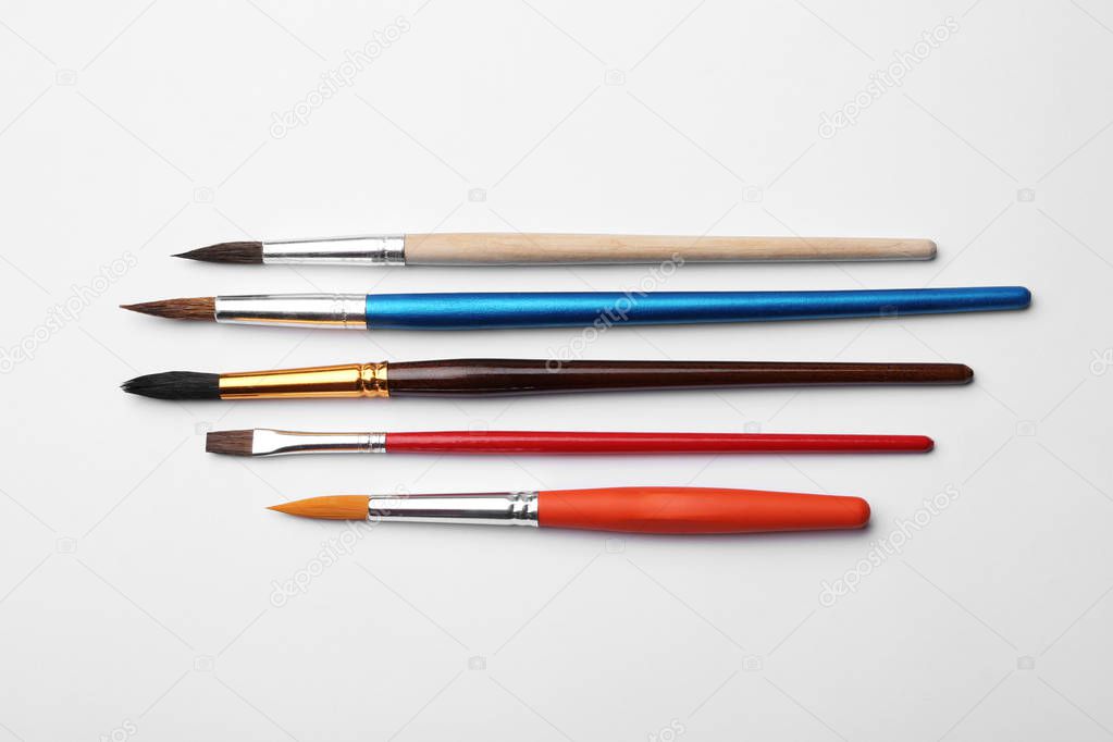 Different paint brushes on white background, top view