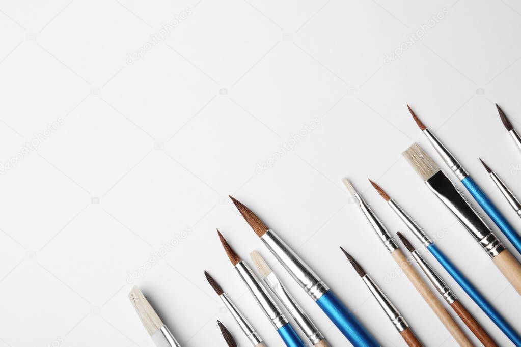 Different paint brushes on white background, top view. Space for text