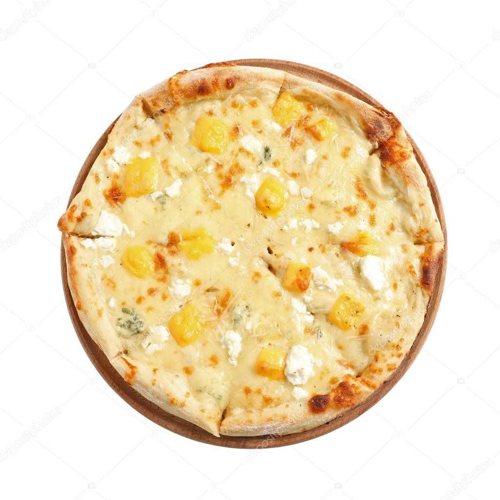 Hot cheese pizza Margherita on white background, top view