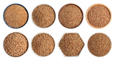 Pişmemiş buğday ile farklı kase beyaz arka plan üzerinde en iyi görünümü ayarla 