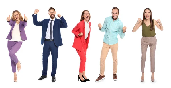 Conjunto Personas Felices Celebrando Victoria Sobre Fondo Blanco —  Fotos de Stock