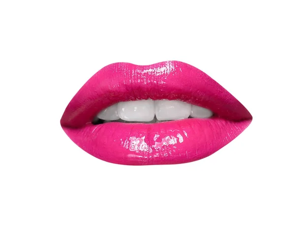 Hermosa Boca Con Lápiz Labial Rosa Brillante Aislado Blanco — Foto de Stock