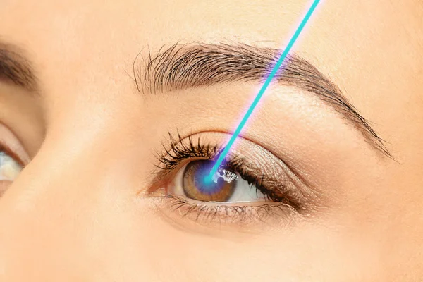 Laser Och Ung Kvinna Närbild Ögat Besöker Ögonläkare För Synkorrigering — Stockfoto