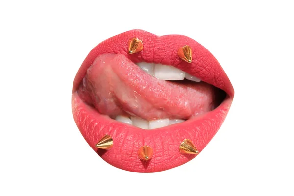 Schöner Mund Mit Rosa Lippenstift Und Dekorativen Ähren Isoliert Auf — Stockfoto