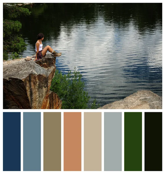 Jeune Femme Sur Une Montagne Rocheuse Près Lac Palette Couleurs — Photo