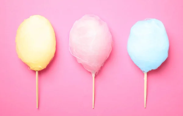 Sticks Different Colorful Yummy Cotton Candy Pink Background Flat Lay — Stock Photo, Image