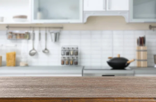 Mesa Madera Marrón Vacía Cocina Moderna Burla Para Diseño — Foto de Stock