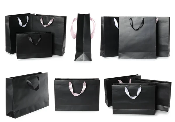 Set Bolsas Papel Negro Para Comprar Sobre Fondo Blanco Burla —  Fotos de Stock