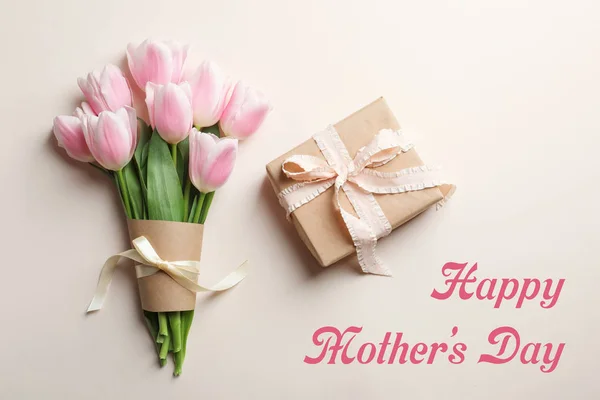 Beautiful Bouquet Tulips Gift Text Happy Mother Day Light Background — Stock Photo, Image