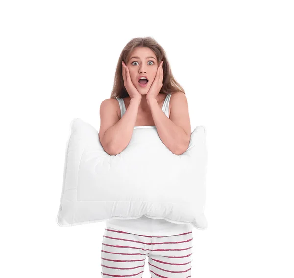 Jonge Vrouw Pyjama Met Kussen Witte Achtergrond — Stockfoto