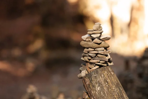 Torre Piedras Balanceadas Sobre Tronco Árbol Bosque Espacio Para Texto — Foto de Stock