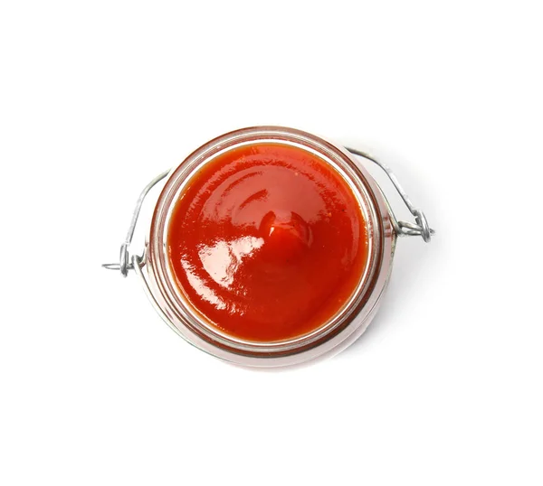 Leckere Hausgemachte Tomatensauce Glas Auf Weißem Hintergrund Draufsicht — Stockfoto