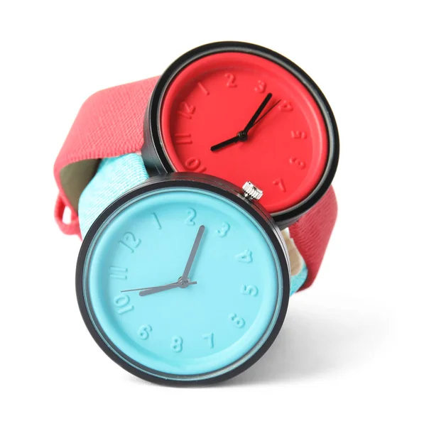 Elegantes Relojes Pulsera Colores Sobre Fondo Blanco Accesorio Moda —  Fotos de Stock