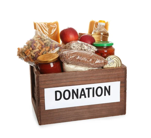 Donation Box Full Different Products White Background — Stock Photo, Image