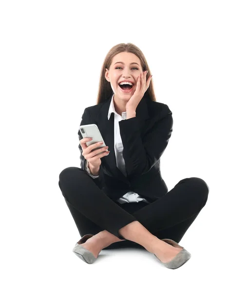 Mujer Negocios Emocional Ropa Oficina Con Smartphone Celebrando Victoria Sobre — Foto de Stock