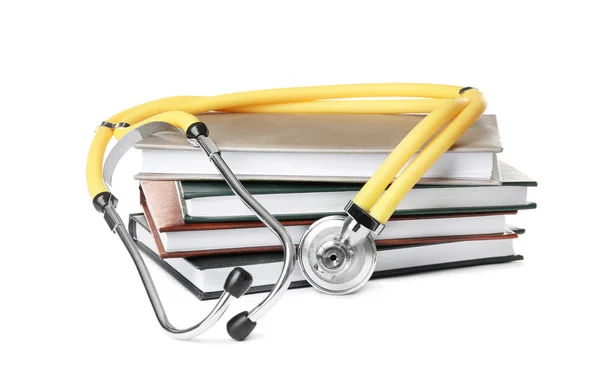Pila Libri Testo Studenteschi Stetoscopio Sfondo Bianco Educazione Medica — Foto Stock
