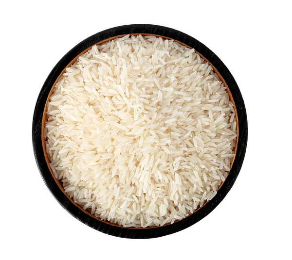 Тарелка Сырым Длинным Зерном Риса Белом Фоне Вид Сверху — стоковое фото