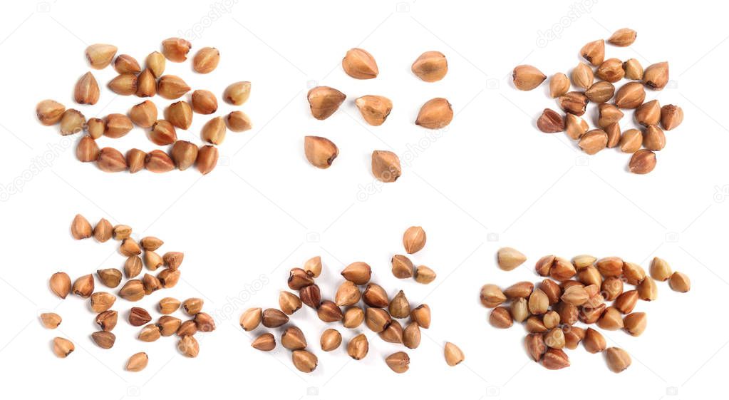 Set of uncooked buckwheat on white background, top view