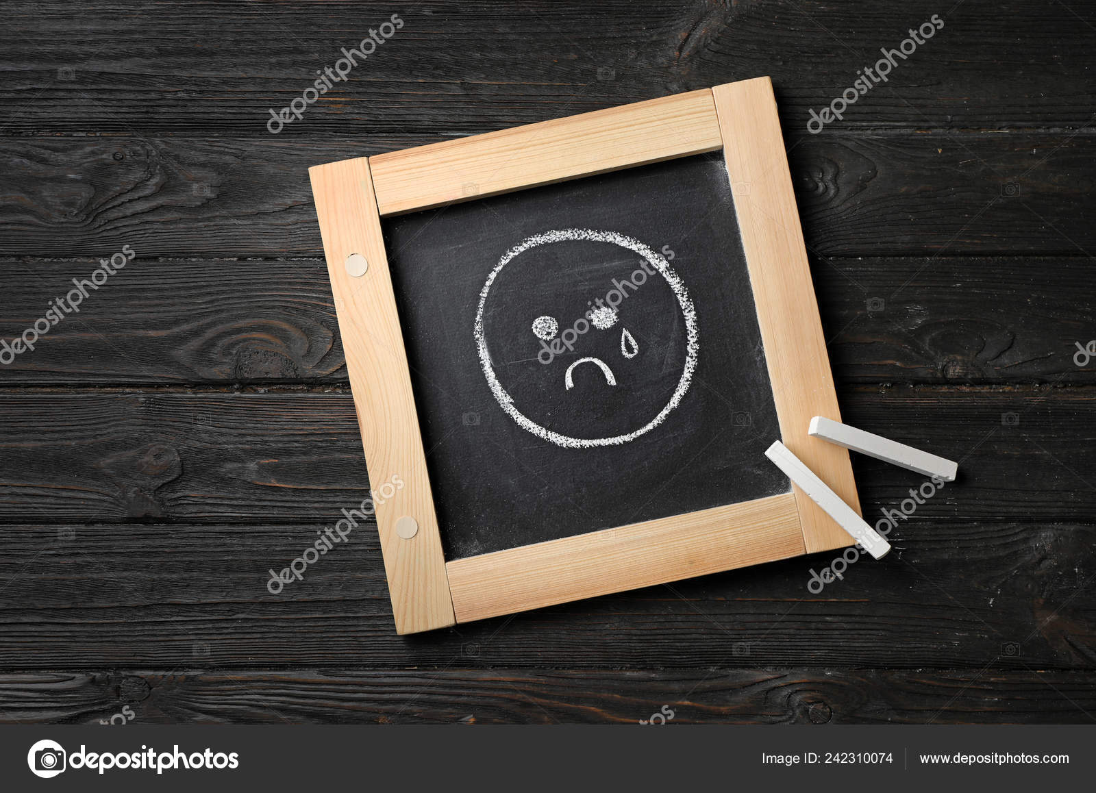 Small Chalkboard Drawing Sad Crying Face Wooden Background Top