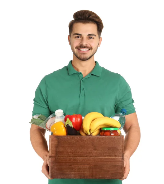 Junger Mann Mit Holzkiste Mit Produkten Auf Weißem Hintergrund Essenslieferdienst — Stockfoto