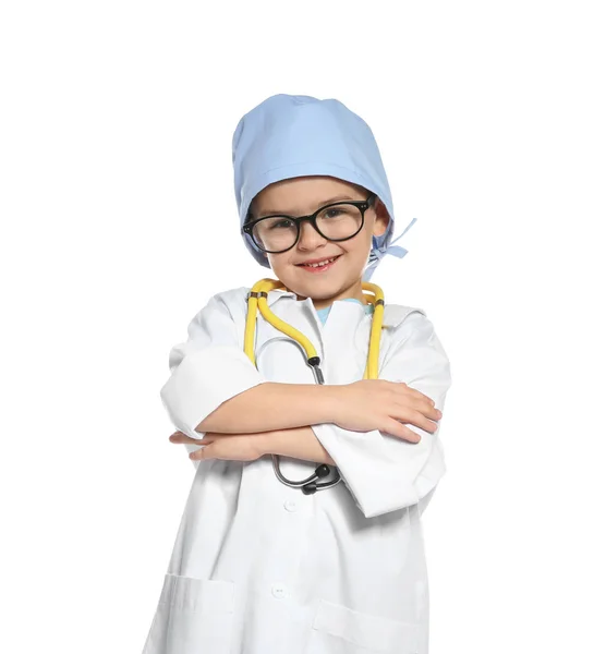 Bambino Carino Cappotto Medico Con Stetoscopio Sfondo Colore — Foto Stock