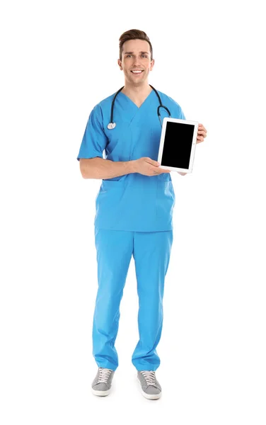 Asistente Médico Con Estetoscopio Tableta Sobre Fondo Blanco Espacio Para — Foto de Stock