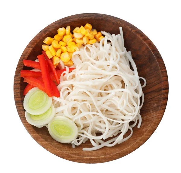Teller Mit Reisnudeln Und Gemüse Auf Weißem Hintergrund Ansicht Von — Stockfoto