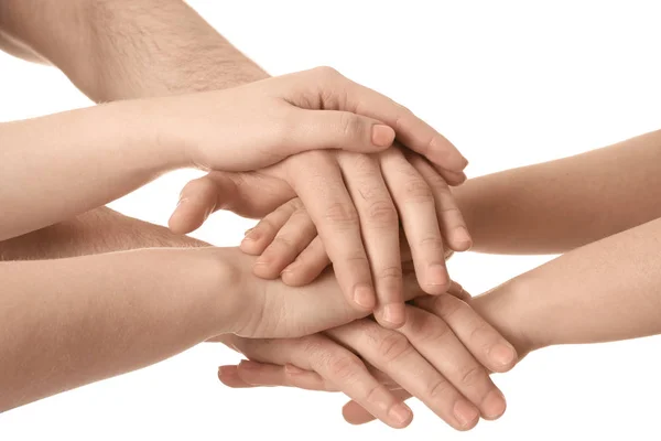 Νέοι Άνθρωποι Βάζοντας Χέρια Τους Μαζί Άσπρο Φόντο Κοντινό Πλάνο — Φωτογραφία Αρχείου