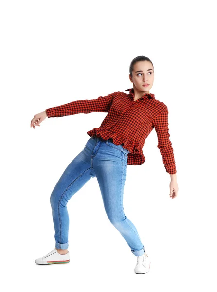 Jonge Vrouw Aangetrokken Tot Magneet Witte Achtergrond — Stockfoto