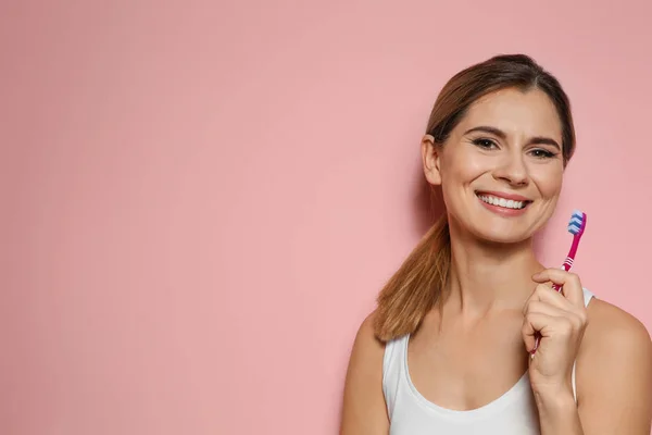 Portrait Woman Toothbrush Color Background Space Text — Stock Photo, Image