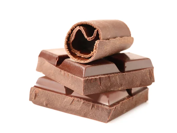 Lekker Chocolade Krul Stukken Witte Achtergrond — Stockfoto