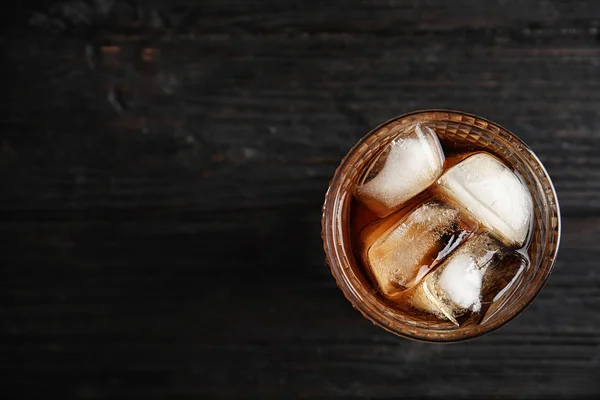 Glass Refreshing Cola Ice Cubes Wooden Background Top View Space — Stock Photo, Image