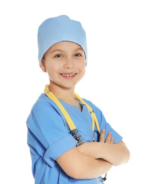 Criança Bonito Uniforme Médico Com Estetoscópio Fundo Branco — Fotografia de Stock