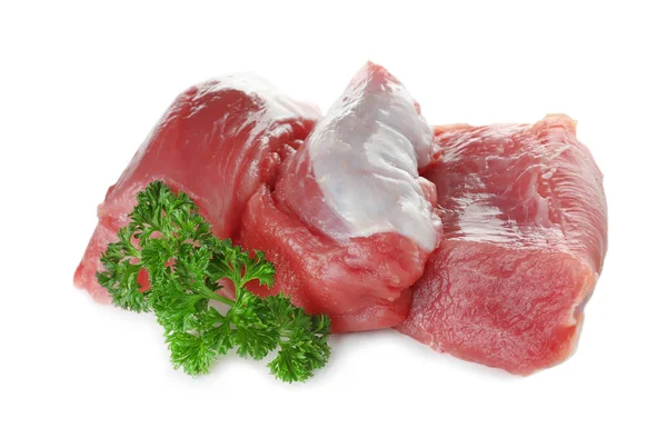 Rohes Fleisch Mit Petersilie Auf Weißem Hintergrund — Stockfoto